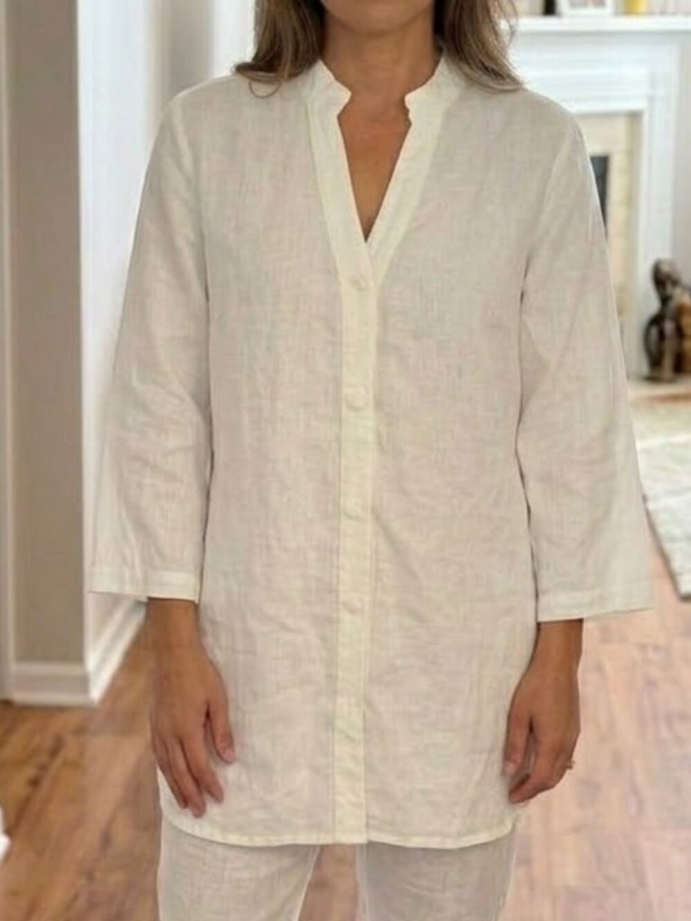 Atelier Max white 100% linen 3/4 sleeve V neck covered knot button down shirt, M